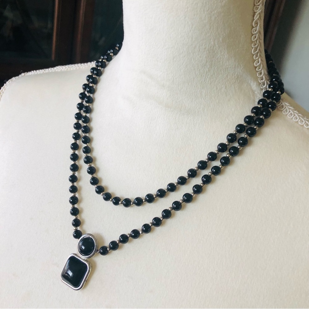Handcrafted double strand black Czech Pearl resin pendant necklace